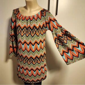 West loop-bell sleeve, chevron pattern,short dress orange,teal